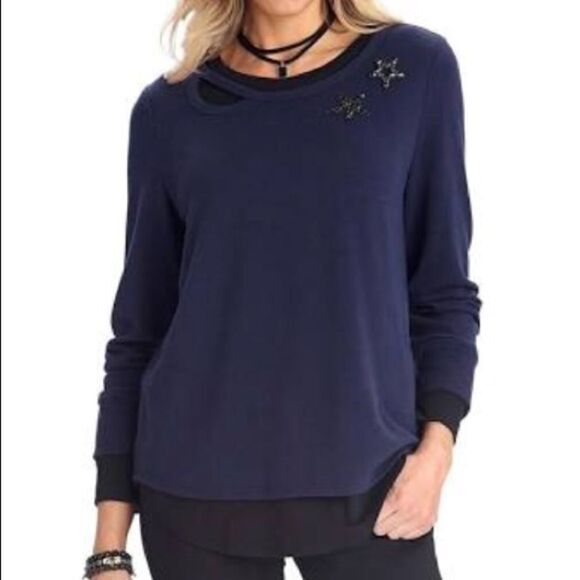 TIE Back Split top Cut Neck 2 embellished removeable pins relaxed fit top NWT - Picture 3 of 8